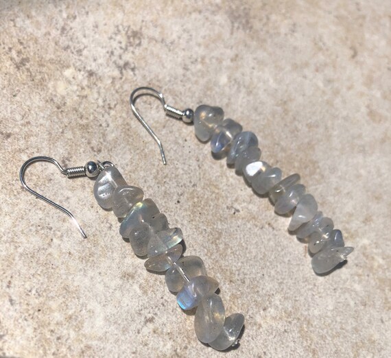 long gorgeous, sun catching, protective labordorite drop crystal earrings  to enhance intuition; cute long dangle handmade earrings jewelry