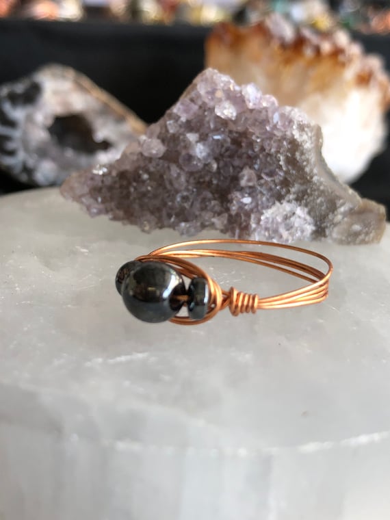3 stone Hematite crystal copper wire wrap protection ring comes with cleansing bag with salt and herbs