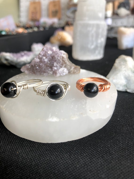 Black agate Grounding and protective copper wire wrap ring; crystal healing gemstone handmade  dainty classy ring