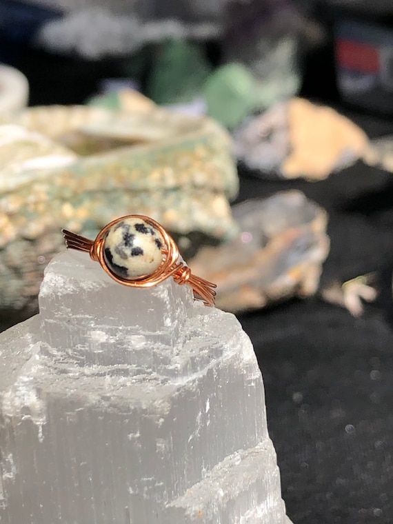 dalmation jasper copper wire wrap ring; healing gemstone rings handmade 6mm