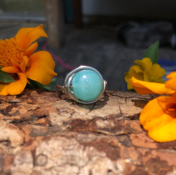 stunning amazonite healing crystal wire wrapped; beautiful handmade gemstone ring