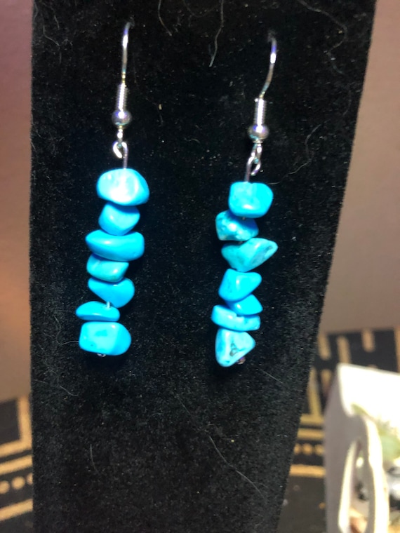 Beautiful bright turquoise healing crystal gemstone earrings; cute drop/dangle sterling silver earrings;protective gemstone cleansed crystal