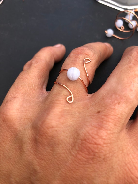 2 styles adjustable 6mm blue lace agate crystal copper wire wrap ring
