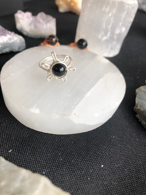 Black agate flower crystal ring; cottagecore healing gemstone wire wrap rings