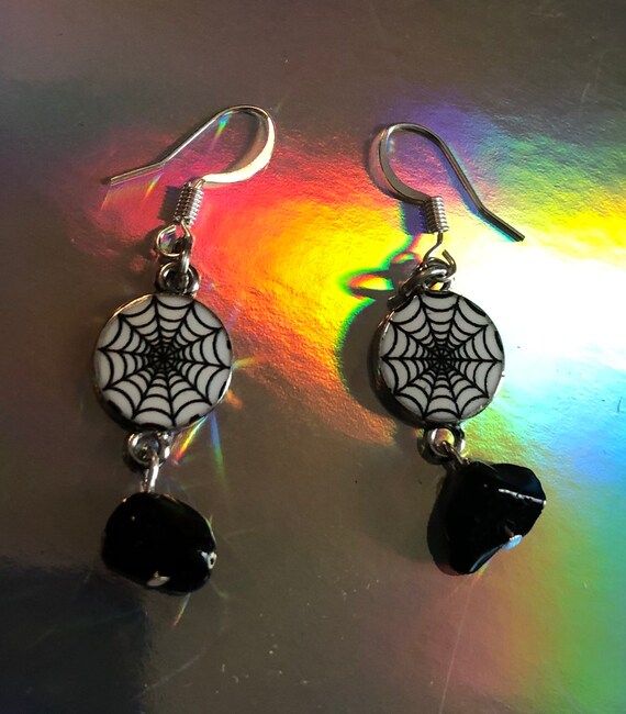 Spiderweb and black jasper protection crystal dangle  silver earrings
