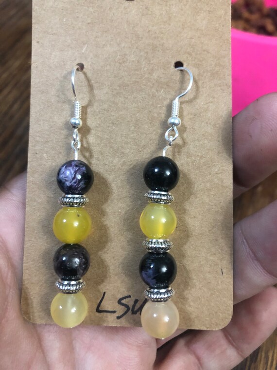 Lsu theme crystal earrings; colored genuine purple chariot and yellow agate crystal earrings