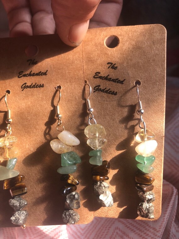 Luck & abundance crystal earrings cleansed and charged pyrite, tiger’s eye, citrine and green adventurine crystals