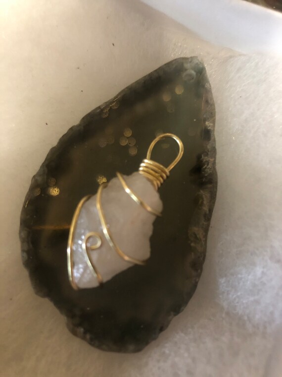 Handmade gold wire wrapped raw rose quartz crystal pendant talisman for self love