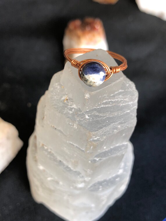 sodalite crystal 6mm gemstone copper wire wrapped ring; throat chakra ring