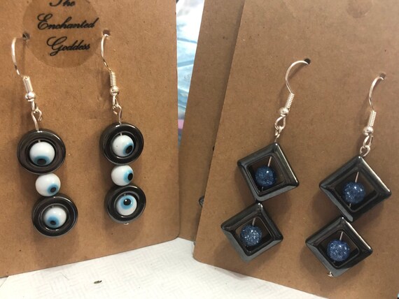 Triangle hematite crystal encasing blue quartzite  on Crystal Fish Hook earrings ; evil eye and hematite earrings