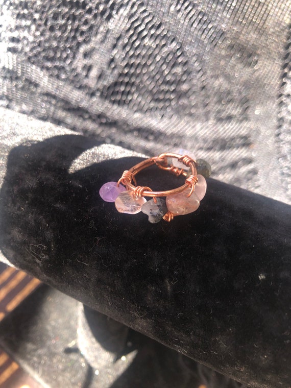 Multiquartz wire wrap copper ring