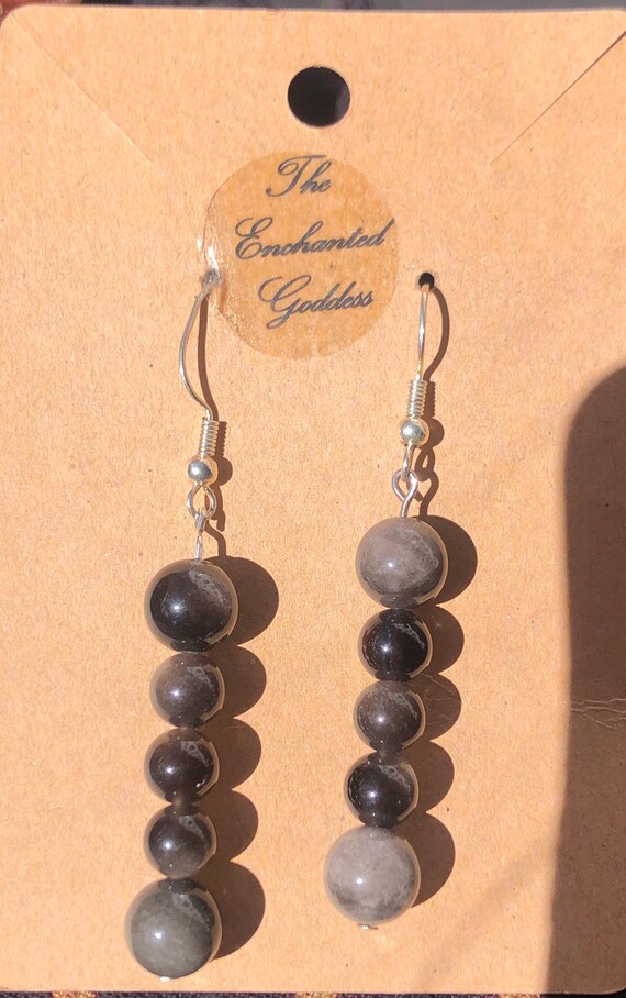 Rare silver obsidian round crystal gemstone earrings