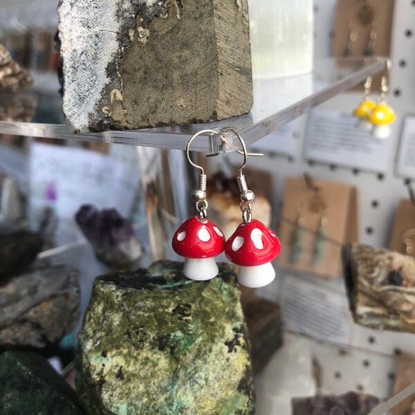 cute tiny cottage core mushroom drop earrings