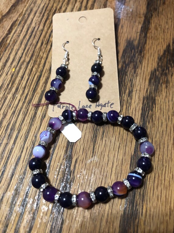 Purple lace agate bracelet and earring set