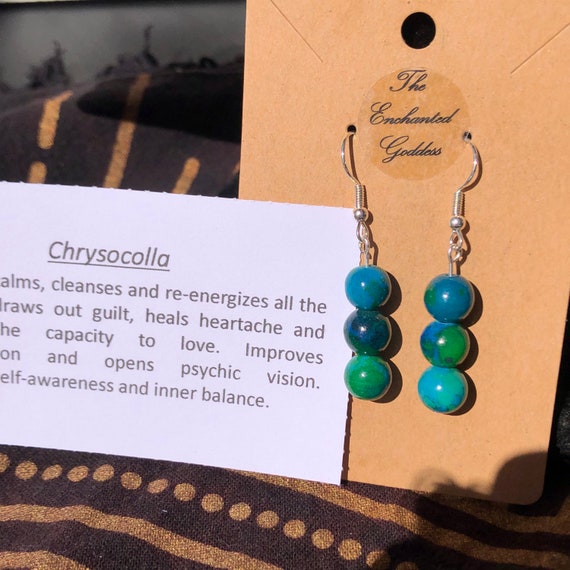 Chrysocolla round crystal gemstone drop earrings blue green stone for transformation, Communicating and teaching.