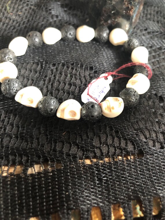 Witchy Occult White/Blue howlite carved stone and black lava stone 8 mm bracelet protection talisman/amulet