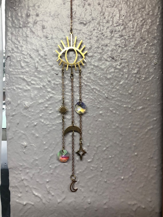 Evil Eye Gold sun catcher prism charm with hook for car review mirror, garden, window