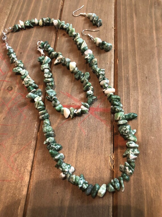 Tree agate/moss agate healing crystal gemstone earrings, bracelet necklace set