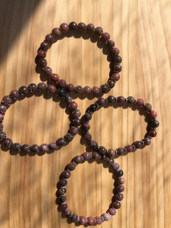Rhodonite Crystal bracelets 6m; gemstone bracelets with spacers or w/out