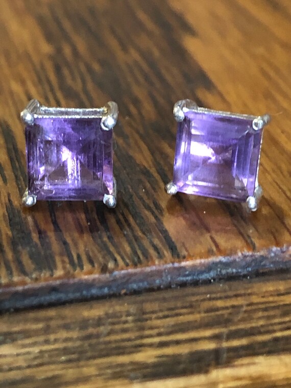 Amethyst square crystal earrings studs big 5mm sterling silver; high quality crystals