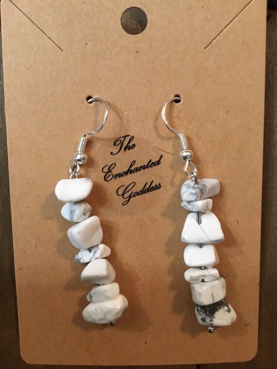 howlite crystal drop earrings; cute medium length dangle earrings, crown chakra gemstone