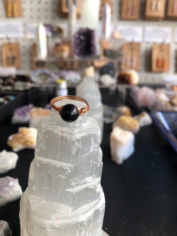 Black Agate crystal copper petite wire wrap handmade healing grounding protective ring