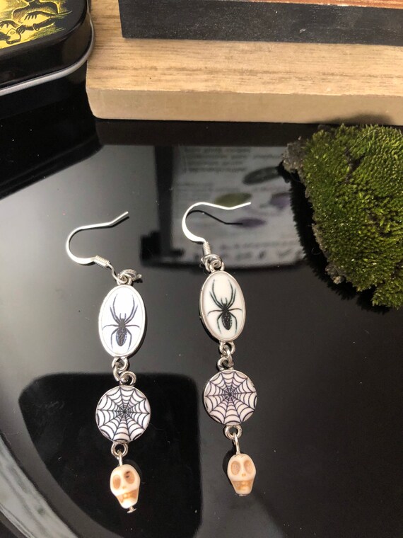 Spooky and cute spiderweb, spider and skeleton dangle earrings perfect for Halloween