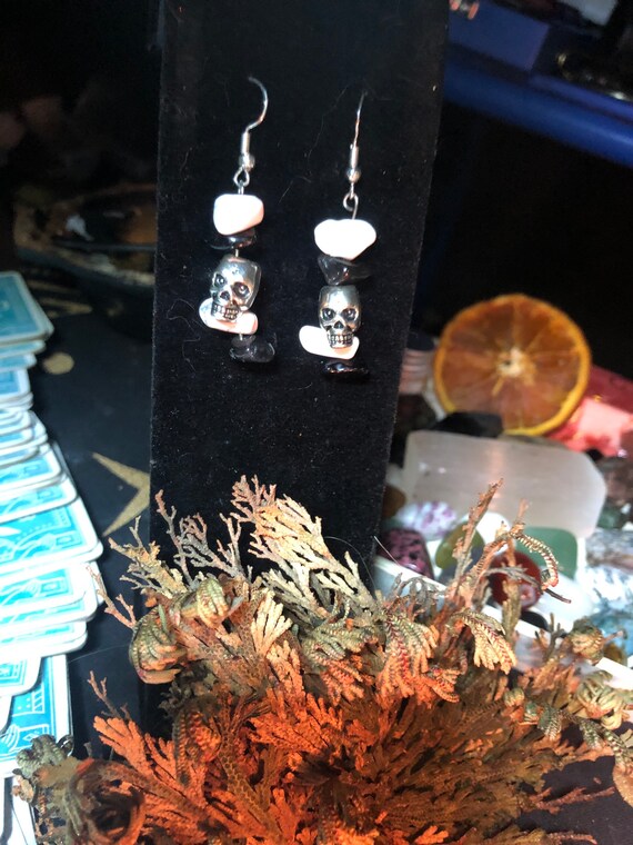 enchanted powerful protective howlite and black jasper and silver skull earrings; cleansed charged/consecrated/blessed healing crystal skull