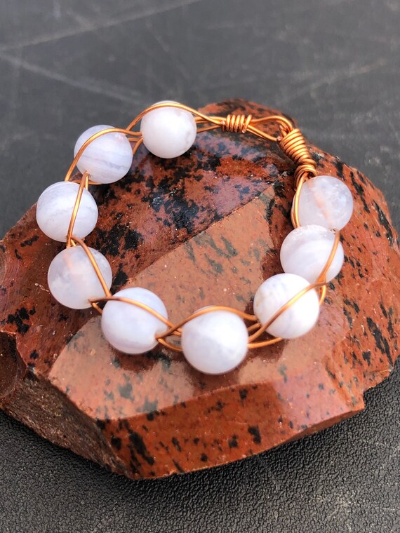 Blue lace agate handmade fine copper wire wrapped and braided ring