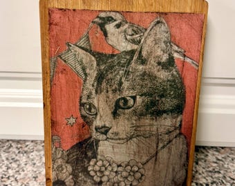 Vintage Retro Style Handcrafted Cutting Board “Cat & Bird on Pink” Decorative Only