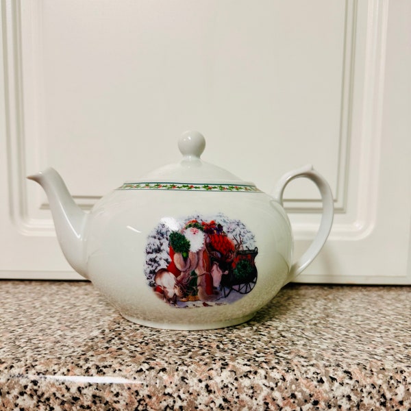 Santa Porcelain Teapot | Christmas Teapot | National Wildlife Federation | Vintage Christmas Teapot | Winter Scene Teapot | grandma core