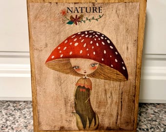 Vintage Retro Style Handcrafted Cutting Board “Girl Mushroom” Decorative Only