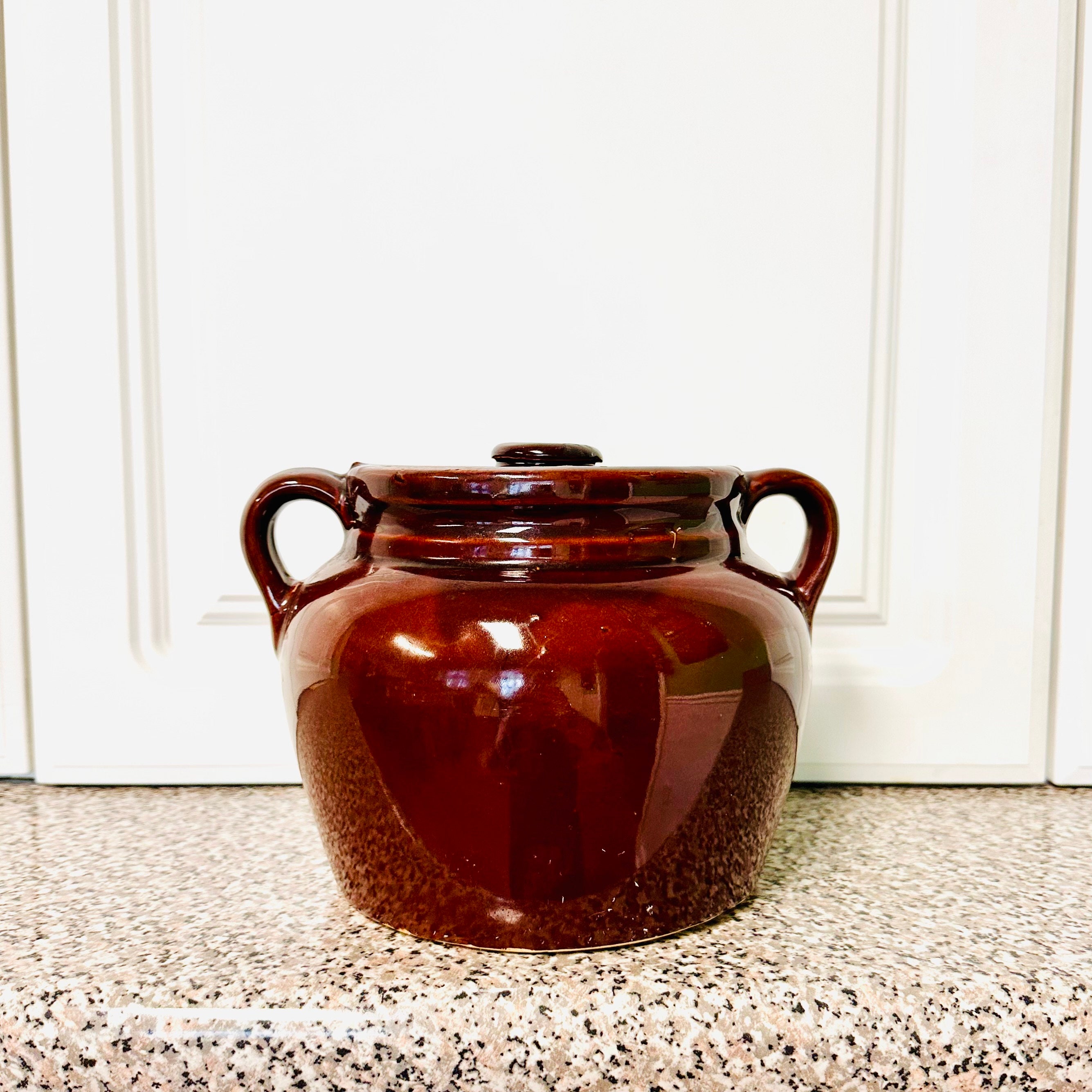 Antique Dark Brown Glazed Stoneware Baked Bean Pot Crock With Lid