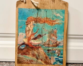 Vintage Retro Style Handcrafted Cutting Board “Mermaid Reading” Decorative Only