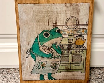 Vintage Retro Style Handcrafted Cutting Board “Frog in Kitchen”  Decorative Only