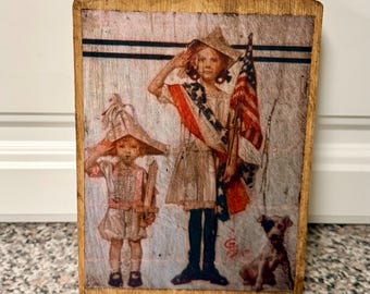 Vintage Retro Style Handcrafted Cutting Board “Patriotic Girls with Dog” Decorative Only