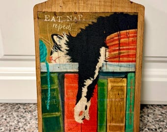Vintage Retro Style Handcrafted Cutting Board “Eat Nap Repeat” Cat Decorative Only