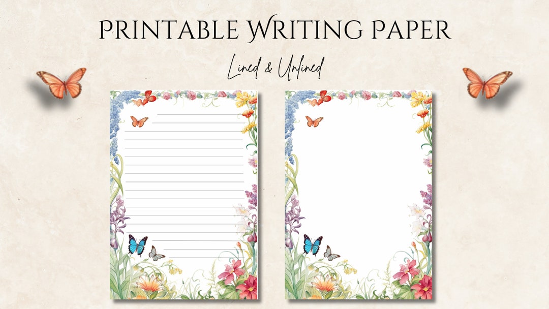 Printable Writing Paper, Flowers and Butterflies Paper, Digital