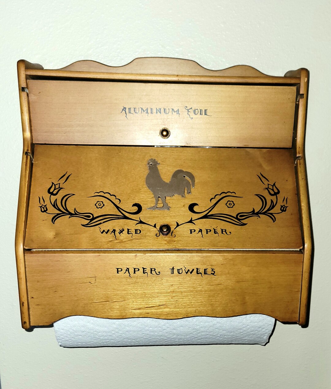 Vintage Wood Paper Towel, Wax Paper and Aluminum Foil Dispenser With