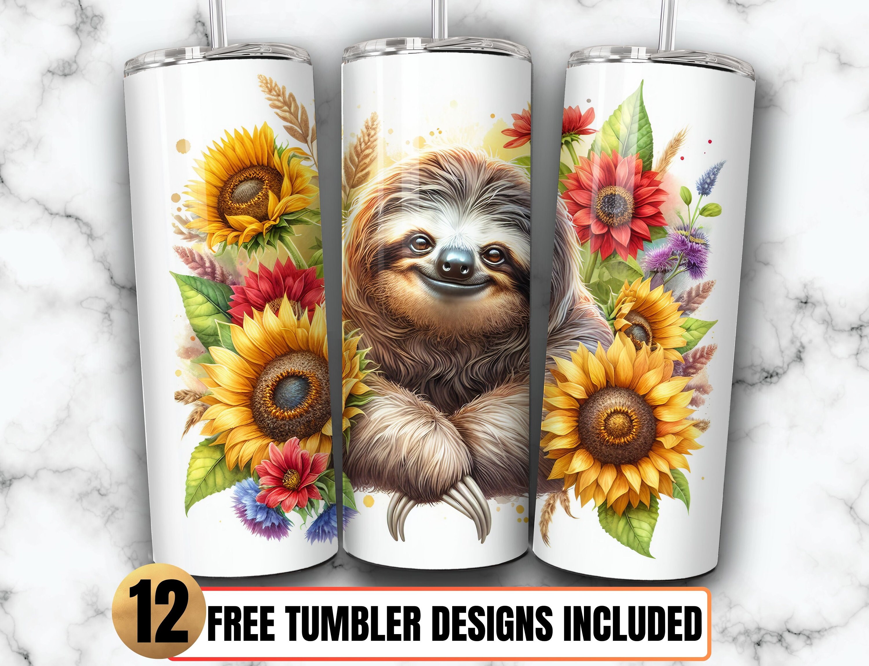 Sloth Tumbler Sublimation 20oz Skinny Tumbler, Cute Sloth Floral ...