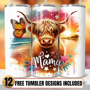 Mama Highland Cow 20oz Skinny Tumbler Sublimation Design, Summer Highland Cow Tumbler Wrap PNG, Mama Highland Cow Tumbler Design Sublimation