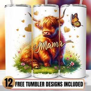 Cute Mama Highland Cow Tumbler Wrap, Mama Highland Cow 20oz Skinny Tumbler Sublimation Design, Highland Cow Mother&#39;s Day Tumbler Sublimation