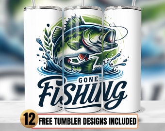 Envoltura para vaso "Gone Fishing", diseño de sublimación para vaso delgado de 20 oz (PNG)
