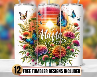 Mama Butterfly Floral Sunset Tumbler Wrap Sublimation Design (20oz Skinny Tumbler)