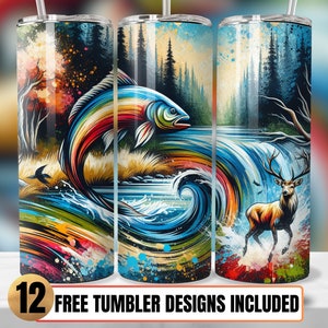 Hunting Tumbler Wrap, Hunting 20oz Skinny Tumbler Sublimation Design, Fishing Tumbler Wrap PNG, Deer and Fishing Tumbler Design Sublimation