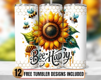 Bee Happy Sunflower 20oz Tumbler Sublimation Design (PNG)