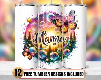 Mama Butterfly Floral Tumbler Wrap, 20oz Skinny Sublimation Design (PNG)