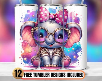 Cute Elephant 20oz Tumbler Wrap, Baby Animal Sublimation Design (PNG)