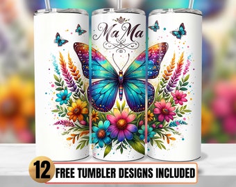 Wildflower Mama Butterfly Tumbler Wrap, 20oz Skinny Sublimation Design (Digital Download)