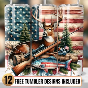 Fish and Deer Tumbler Wrap, Hunting 20oz Skinny Tumbler Sublimation Design, Patriotic Fishing and HuntingPatrioc Tumbler Wrap Sublimation